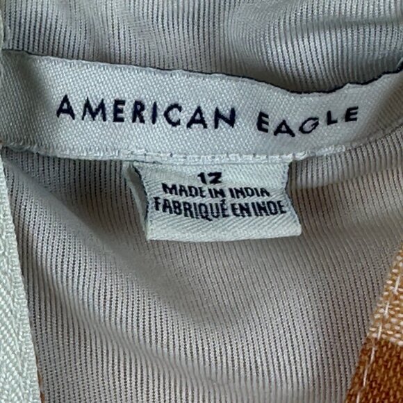 American Eagle Plaid Wide Leg Jumpsuit Linen Blend Size 12 Button Straps Pockets - Picture 5 of 12